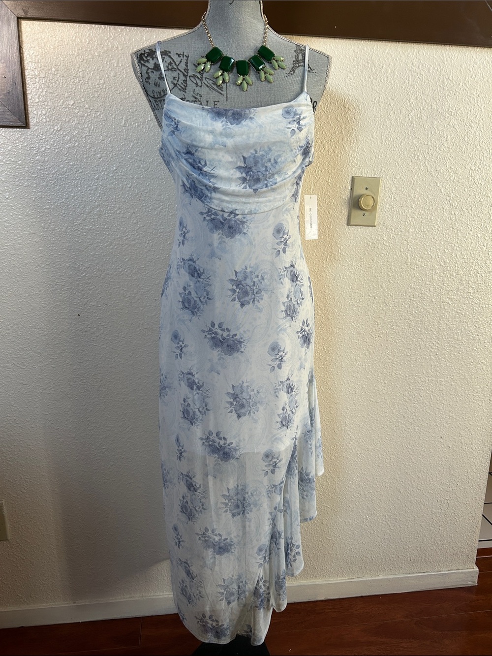 Blue Floral Maxi Slip Dress with Cowl Neck